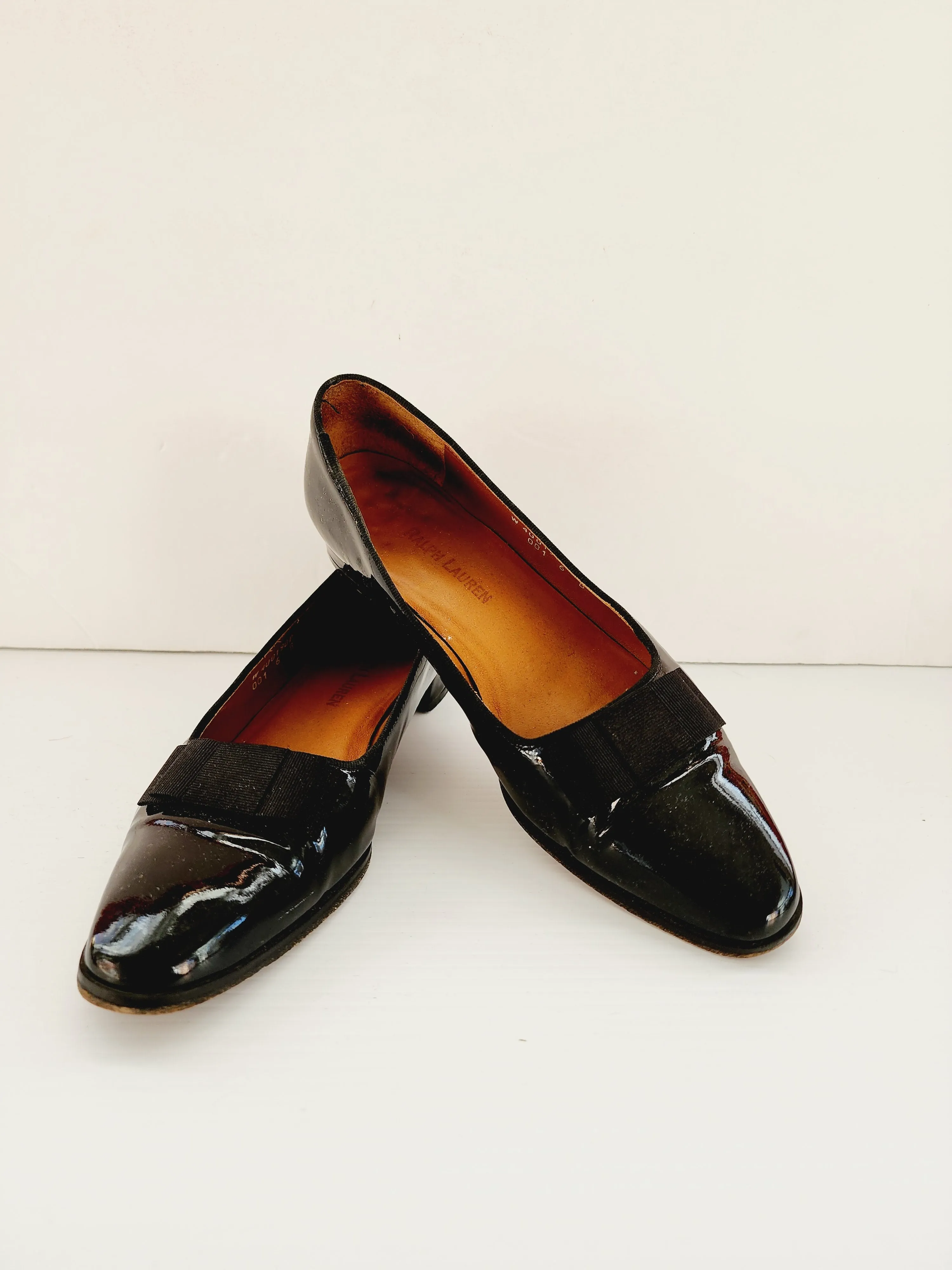 80s 90s Ralph Lauren Shoes Black Patent Leather Ballerina Flats in Box Size 6 The Olivia Pump