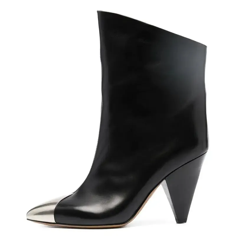 Arden Furtado 2025 Cowhide Metal Pointed toe Tapered heel Short boots Slip-on High-heeled Modern boots Large size women's boots