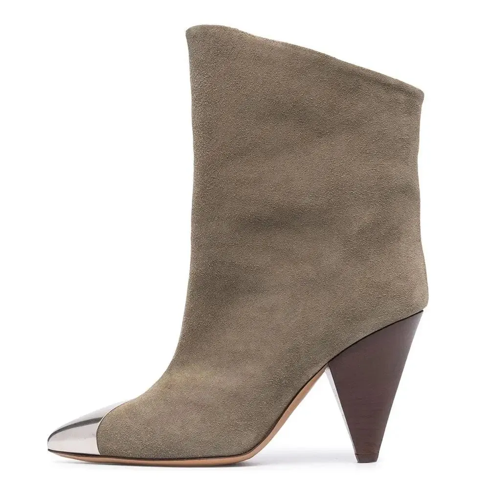 Arden Furtado 2025 Cowhide Metal Pointed toe Tapered heel Short boots Slip-on High-heeled Modern boots Large size women's boots