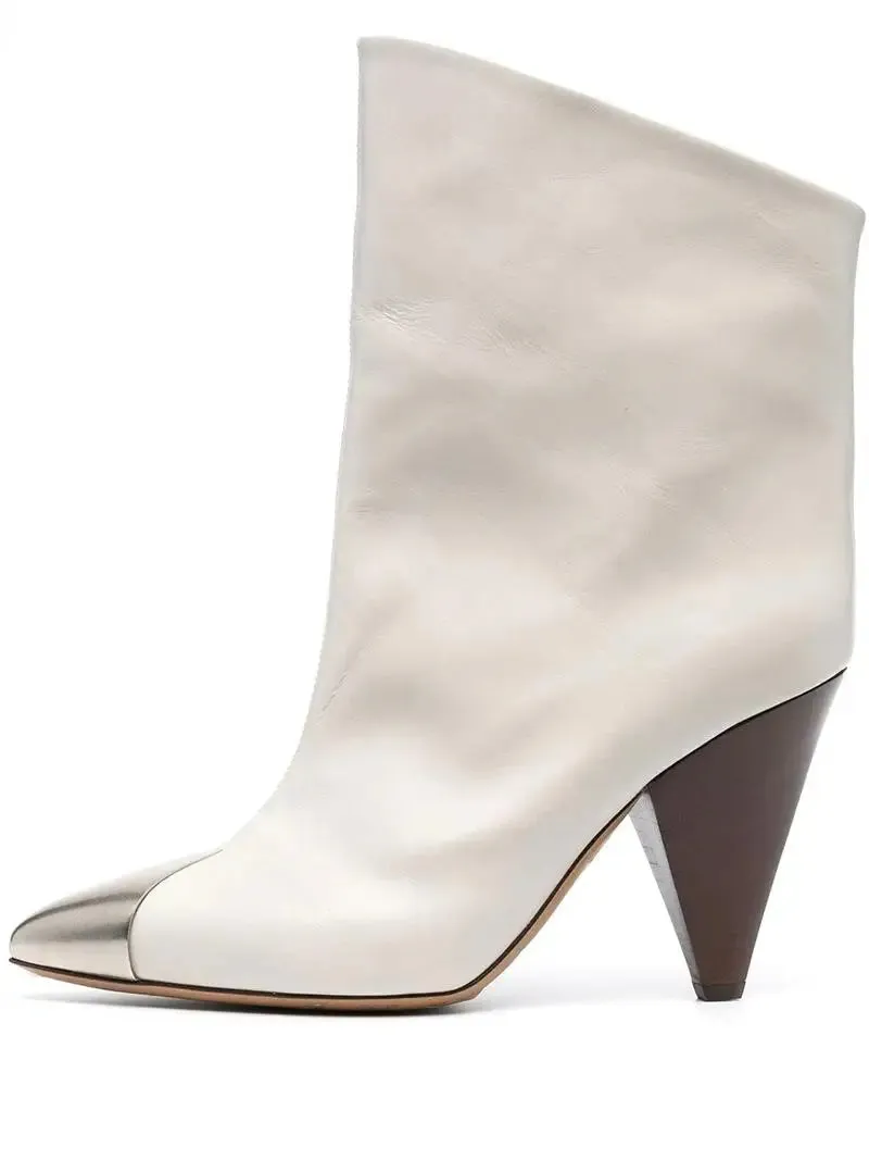 Arden Furtado 2025 Cowhide Metal Pointed toe Tapered heel Short boots Slip-on High-heeled Modern boots Large size women's boots