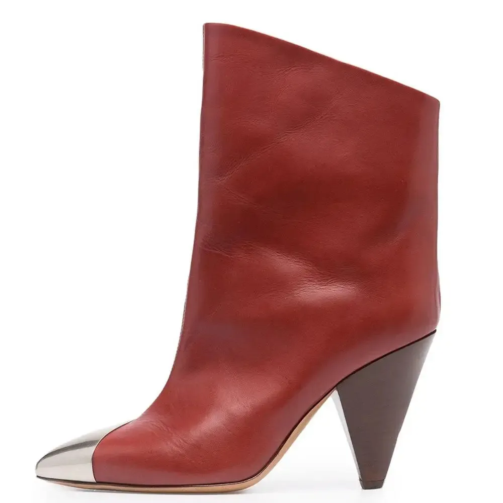 Arden Furtado 2025 Cowhide Metal Pointed toe Tapered heel Short boots Slip-on High-heeled Modern boots Large size women's boots