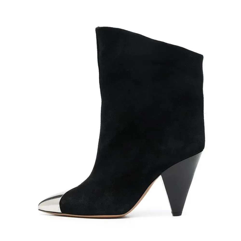 Arden Furtado 2025 Cowhide Metal Pointed toe Tapered heel Short boots Slip-on High-heeled Modern boots Large size women's boots