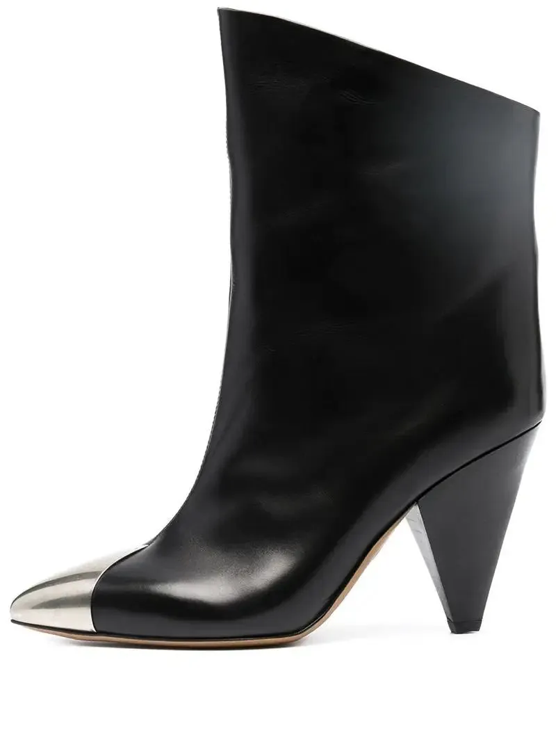Arden Furtado 2025 Cowhide Metal Pointed toe Tapered heel Short boots Slip-on High-heeled Modern boots Large size women's boots