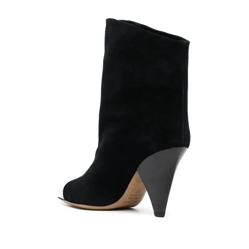 Arden Furtado 2025 Cowhide Metal Pointed toe Tapered heel Short boots Slip-on High-heeled Modern boots Large size women's boots