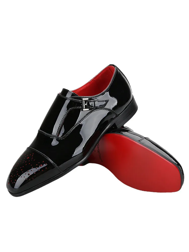Autumn New Black Patent Leather Men's Oxford Shoes Hand-Punched Metal Buckle Red Sole Monk Shoes for Men