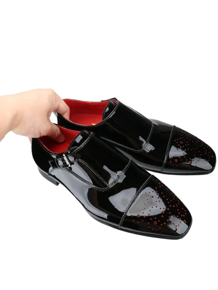 Autumn New Black Patent Leather Men's Oxford Shoes Hand-Punched Metal Buckle Red Sole Monk Shoes for Men