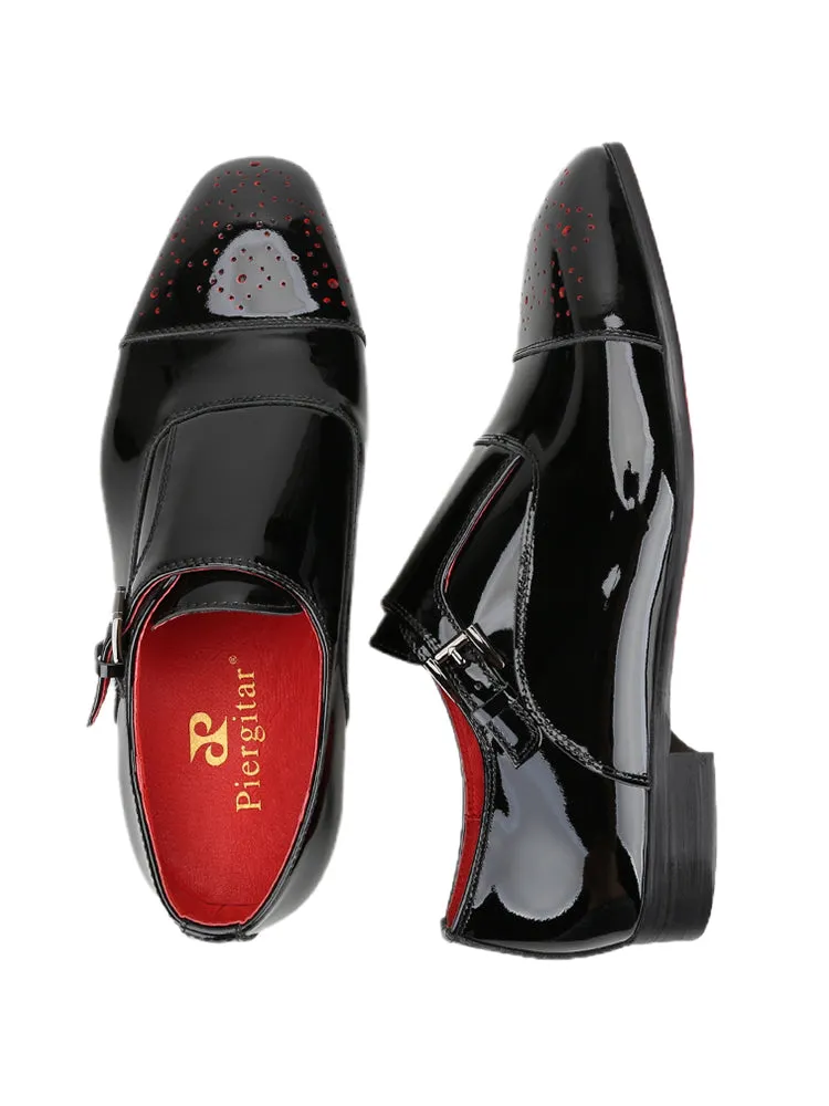 Autumn New Black Patent Leather Men's Oxford Shoes Hand-Punched Metal Buckle Red Sole Monk Shoes for Men