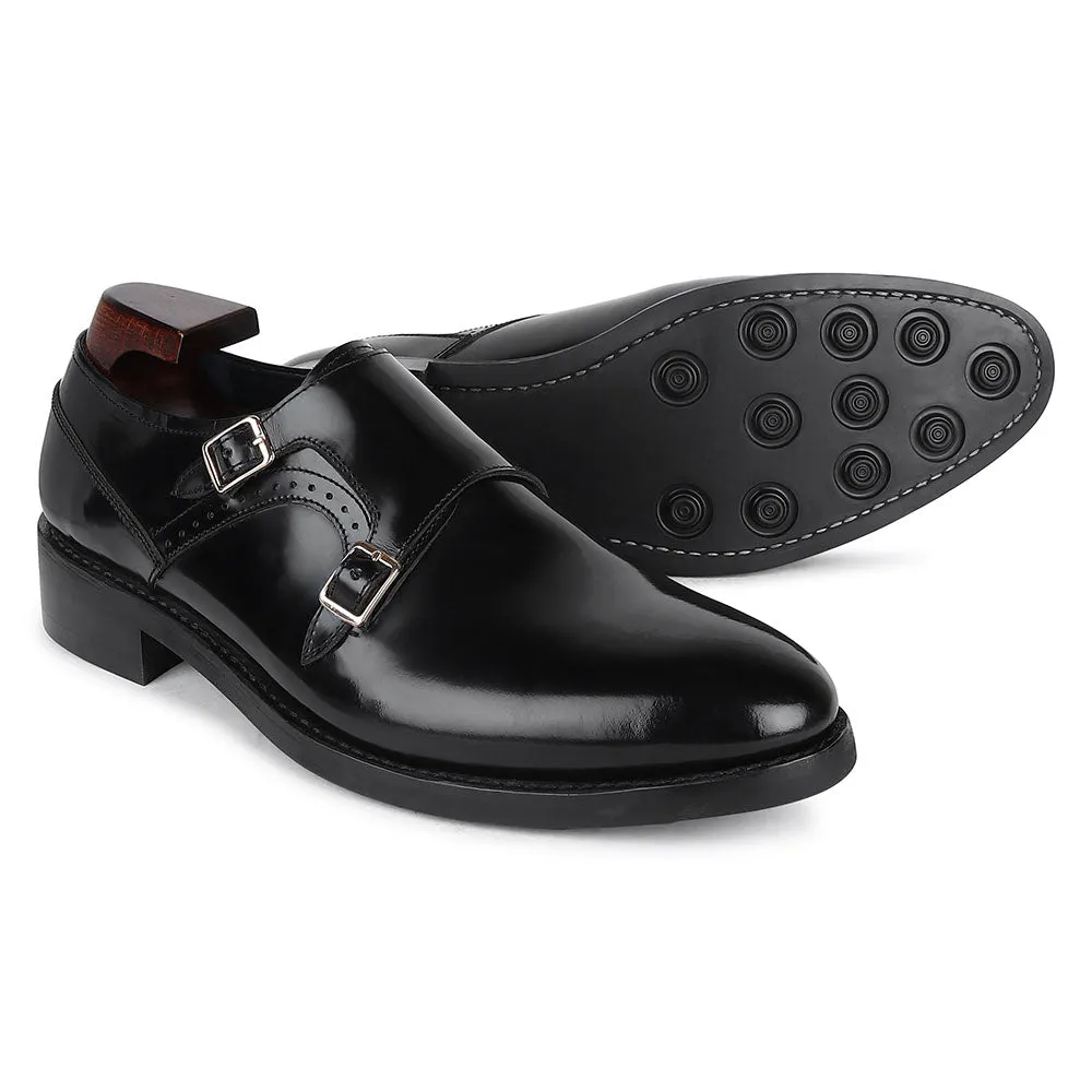 Black Brushed Calf Double Monk Strap With Goodyear Welted Dainite Sole