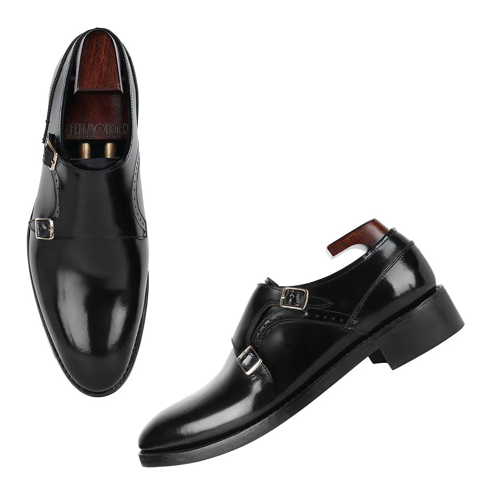 Black Brushed Calf Double Monk Strap With Goodyear Welted Dainite Sole