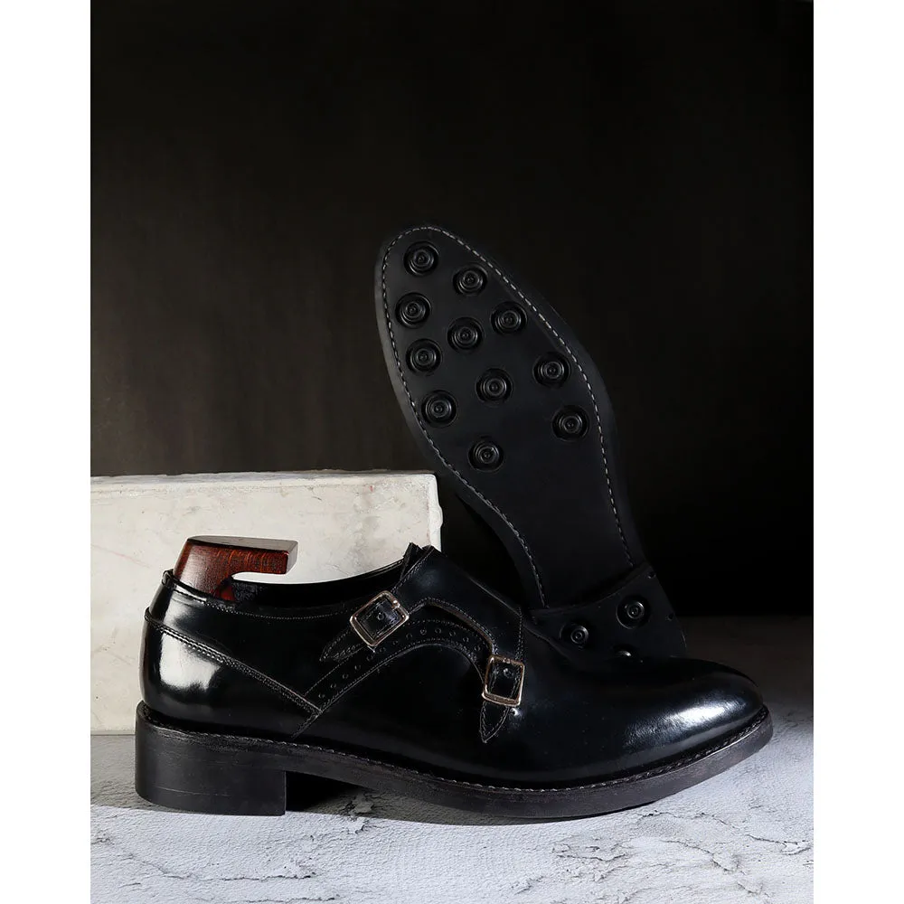 Black Brushed Calf Double Monk Strap With Goodyear Welted Dainite Sole