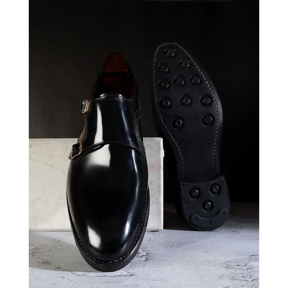 Black Brushed Calf Double Monk Strap With Goodyear Welted Dainite Sole
