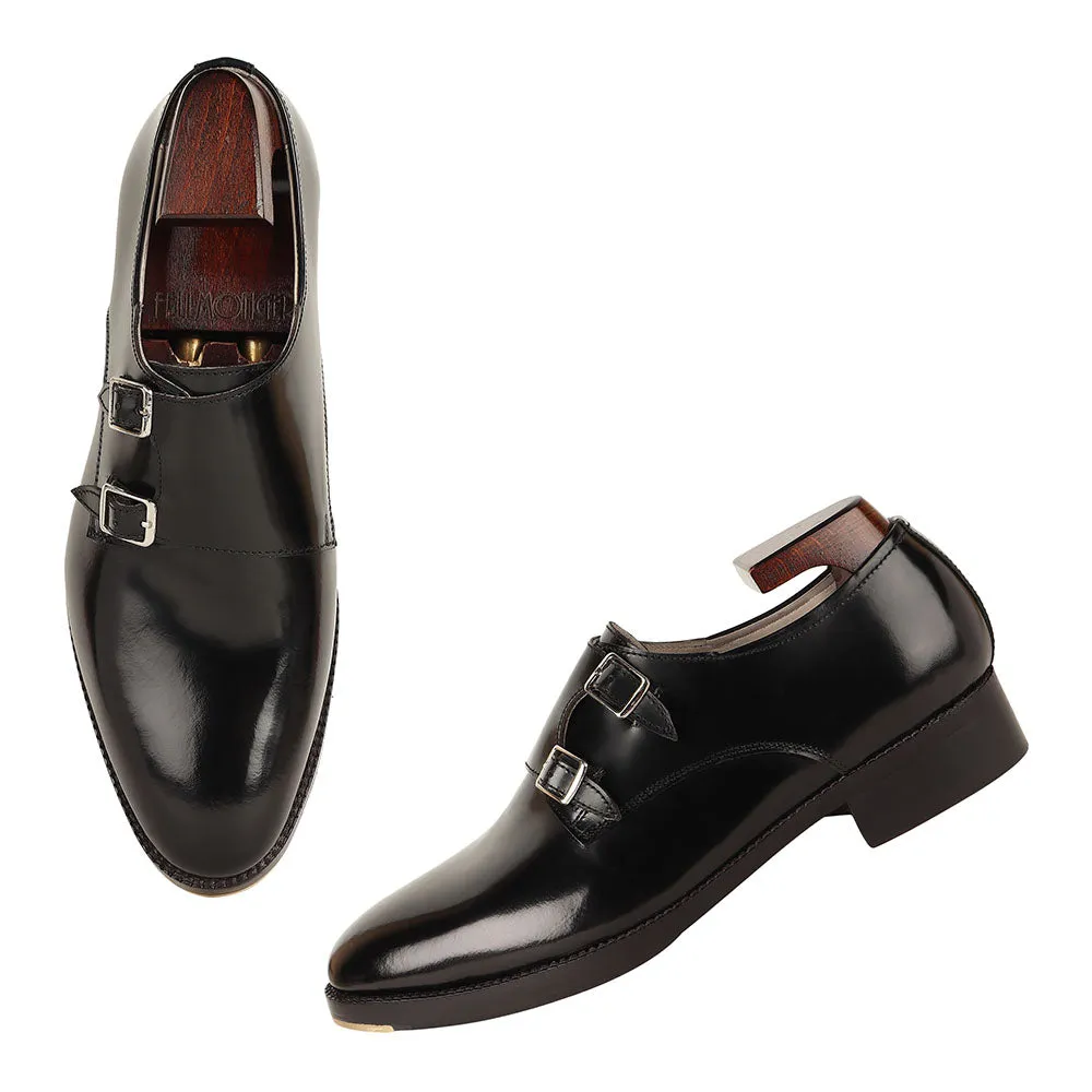 Black Calf Classic Sharp Strap Double Monk With Metal Toe
