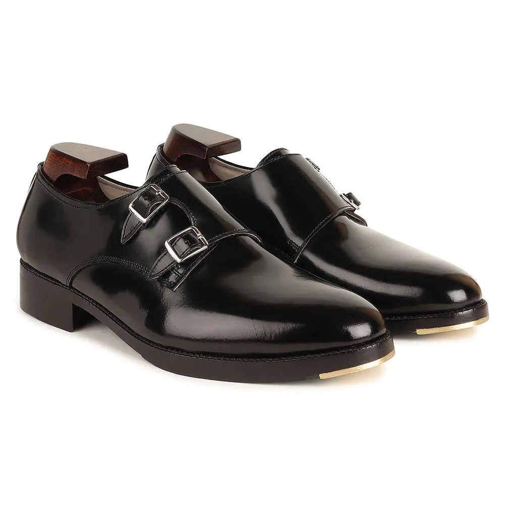Black Calf Classic Sharp Strap Double Monk With Metal Toe