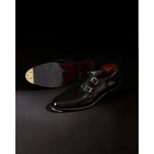 Black Calf Classic Sharp Strap Double Monk With Metal Toe