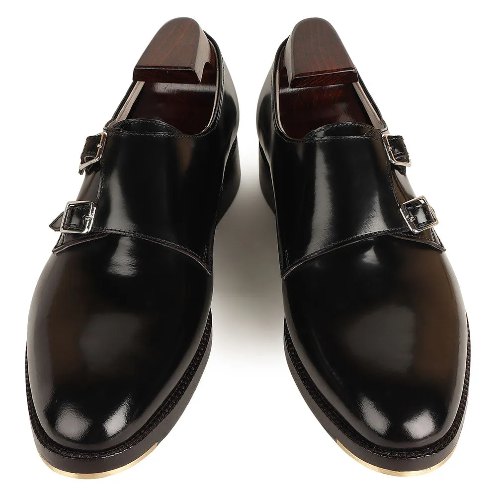 Black Calf Classic Sharp Strap Double Monk With Metal Toe