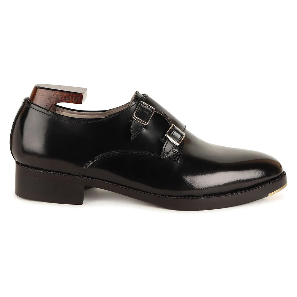Black Calf Classic Sharp Strap Double Monk With Metal Toe