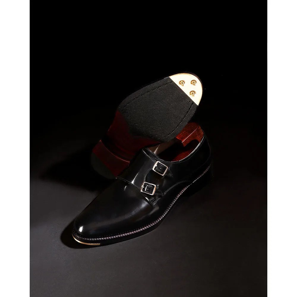 Black Calf Classic Sharp Strap Double Monk With Metal Toe