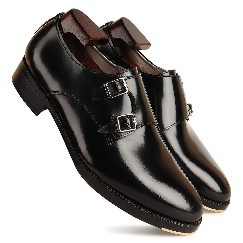 Black Calf Classic Sharp Strap Double Monk With Metal Toe