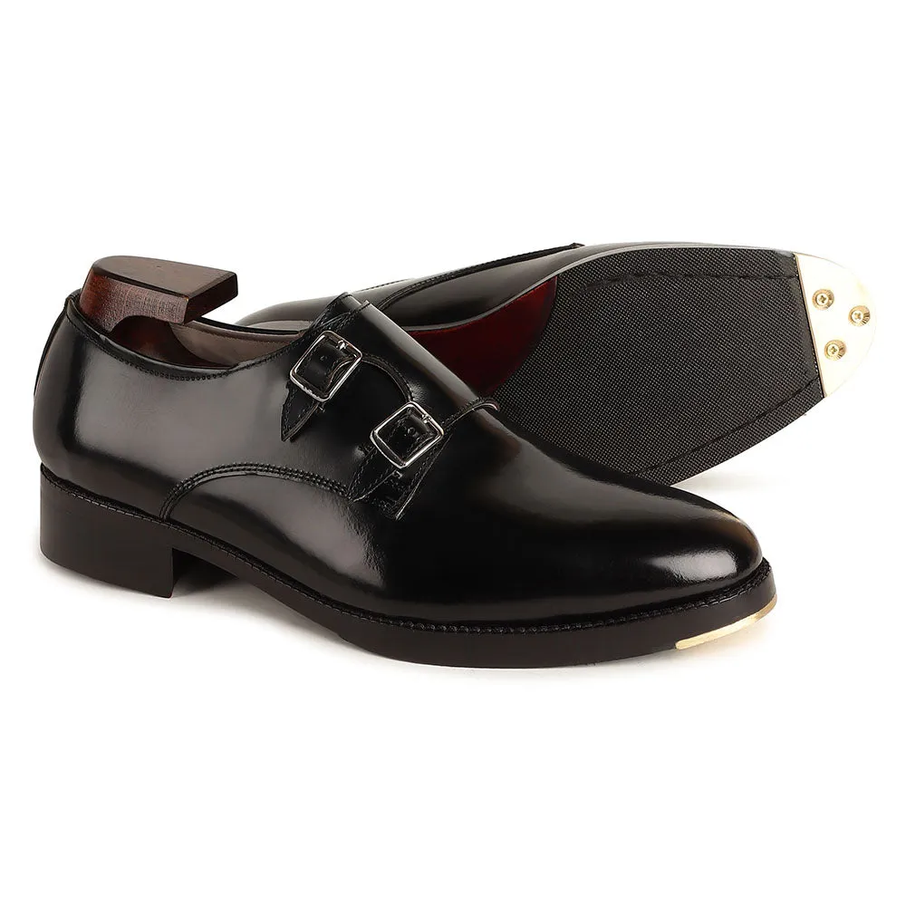 Black Calf Classic Sharp Strap Double Monk With Metal Toe