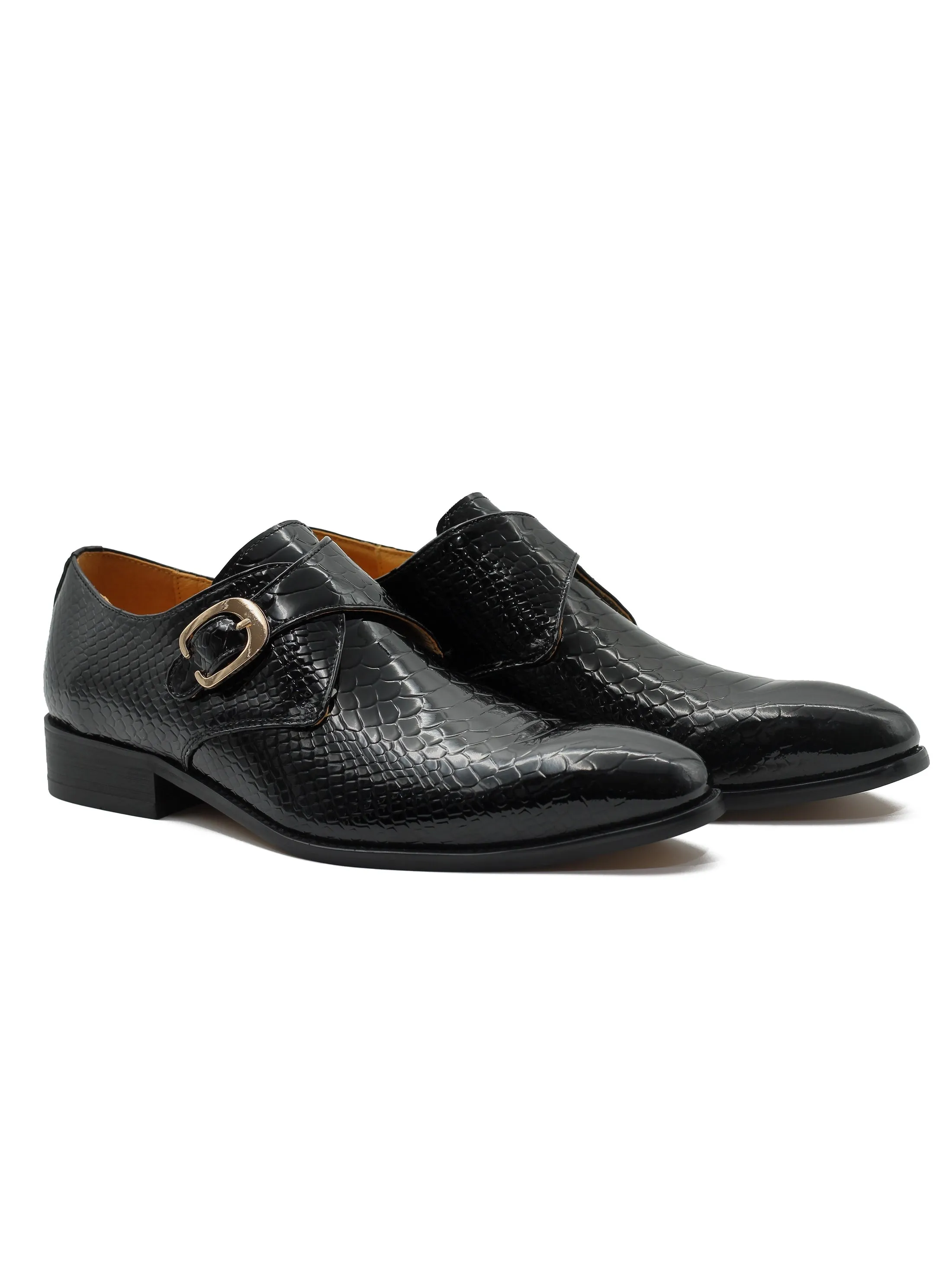 BLACK CROC PRINT PATENT LEATHER MONK SHOES