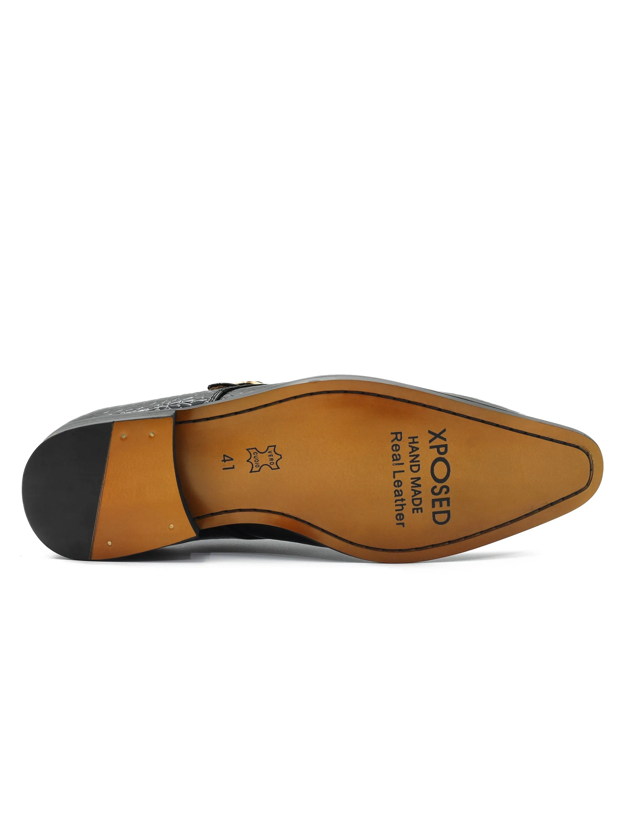 BLACK CROC PRINT PATENT LEATHER MONK SHOES
