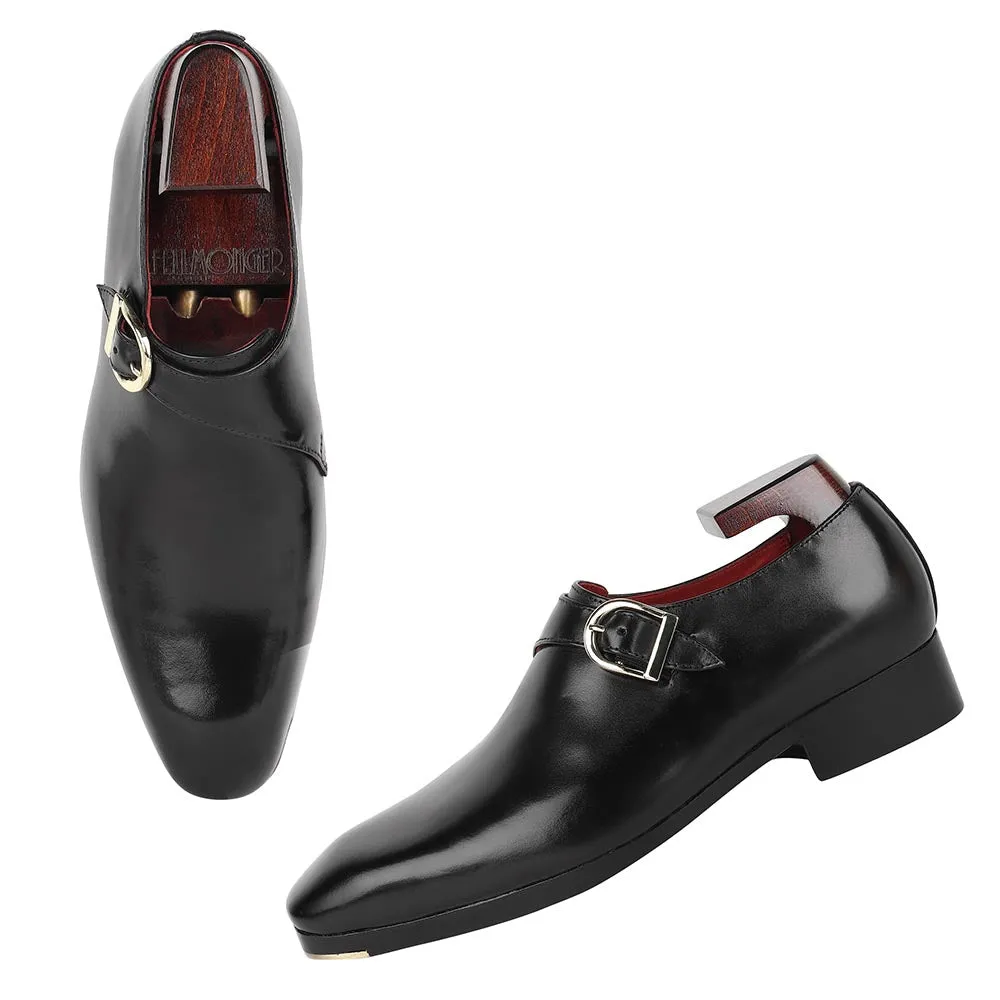 Black Mirror Glossed Classic Single Monk Strap   Metal Toe