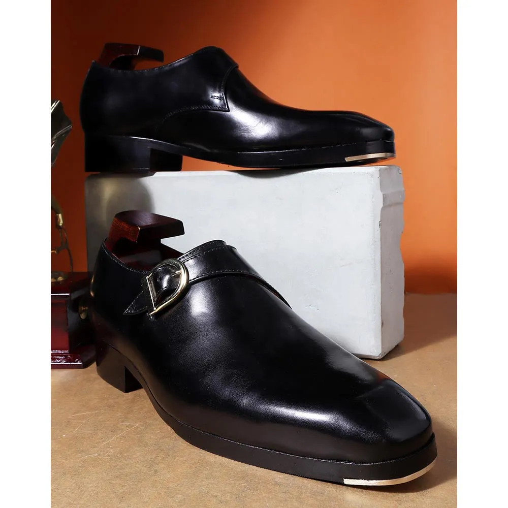 Black Mirror Glossed Classic Single Monk Strap   Metal Toe