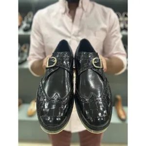 Black Mirror Glossed Croco Alter Ego Single Monk Strap With Metal Toe Plate