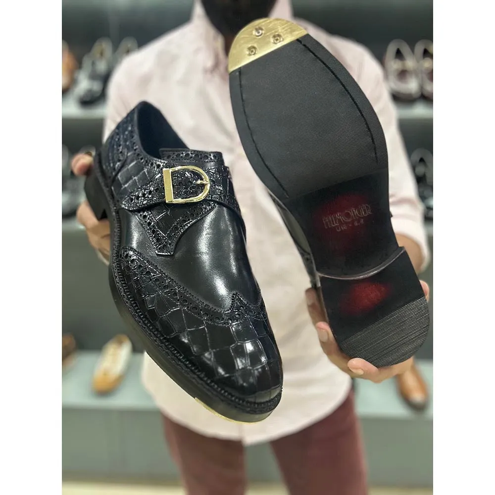 Black Mirror Glossed Croco Alter Ego Single Monk Strap With Metal Toe Plate