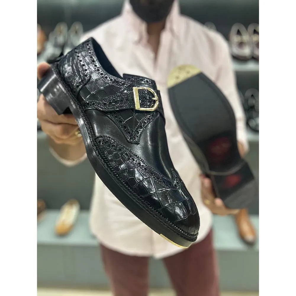 Black Mirror Glossed Croco Alter Ego Single Monk Strap With Metal Toe Plate