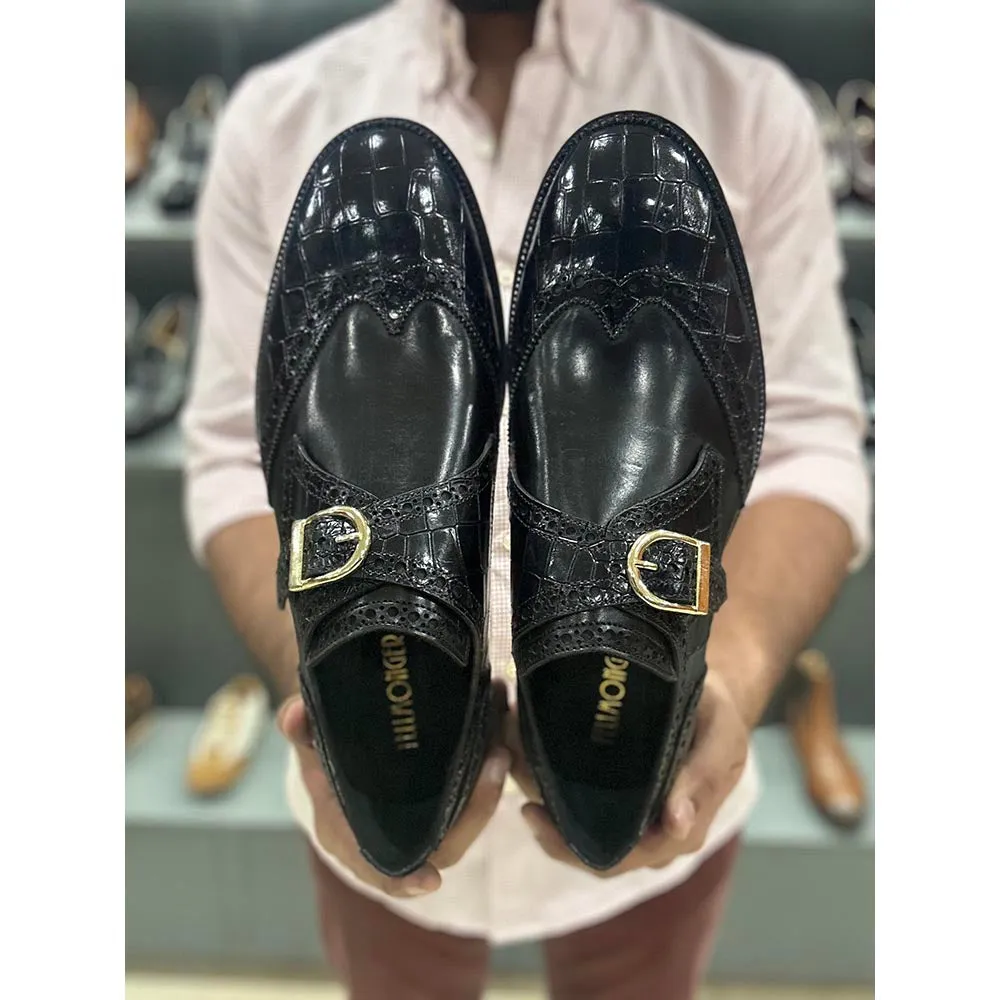 Black Mirror Glossed Croco Alter Ego Single Monk Strap With Metal Toe Plate