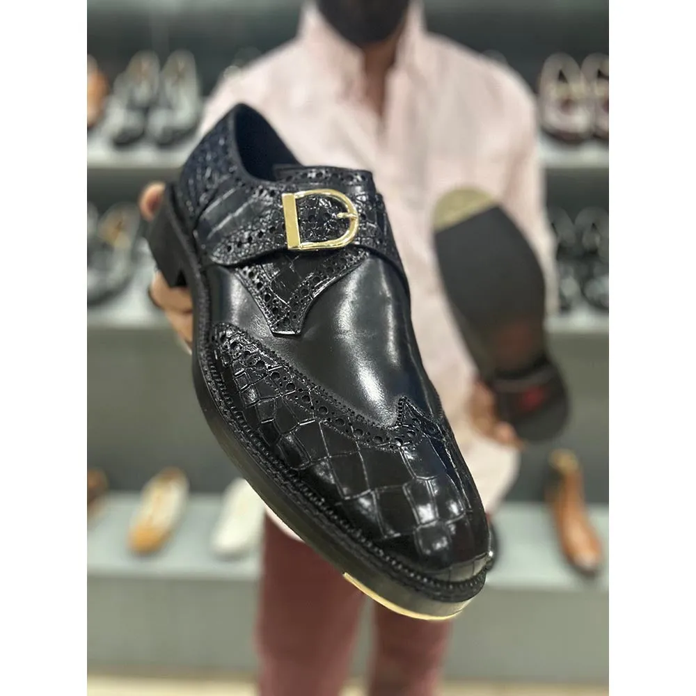 Black Mirror Glossed Croco Alter Ego Single Monk Strap With Metal Toe Plate
