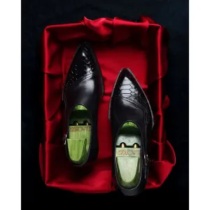 Black Mirror Glossed Gatsby Spade Sole Single Monk With Python Detail   Cuban Heel