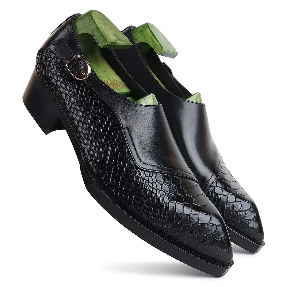 Black Mirror Glossed Gatsby Spade Sole Single Monk With Python Detail   Cuban Heel