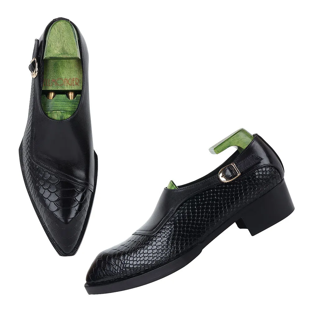 Black Mirror Glossed Gatsby Spade Sole Single Monk With Python Detail   Cuban Heel