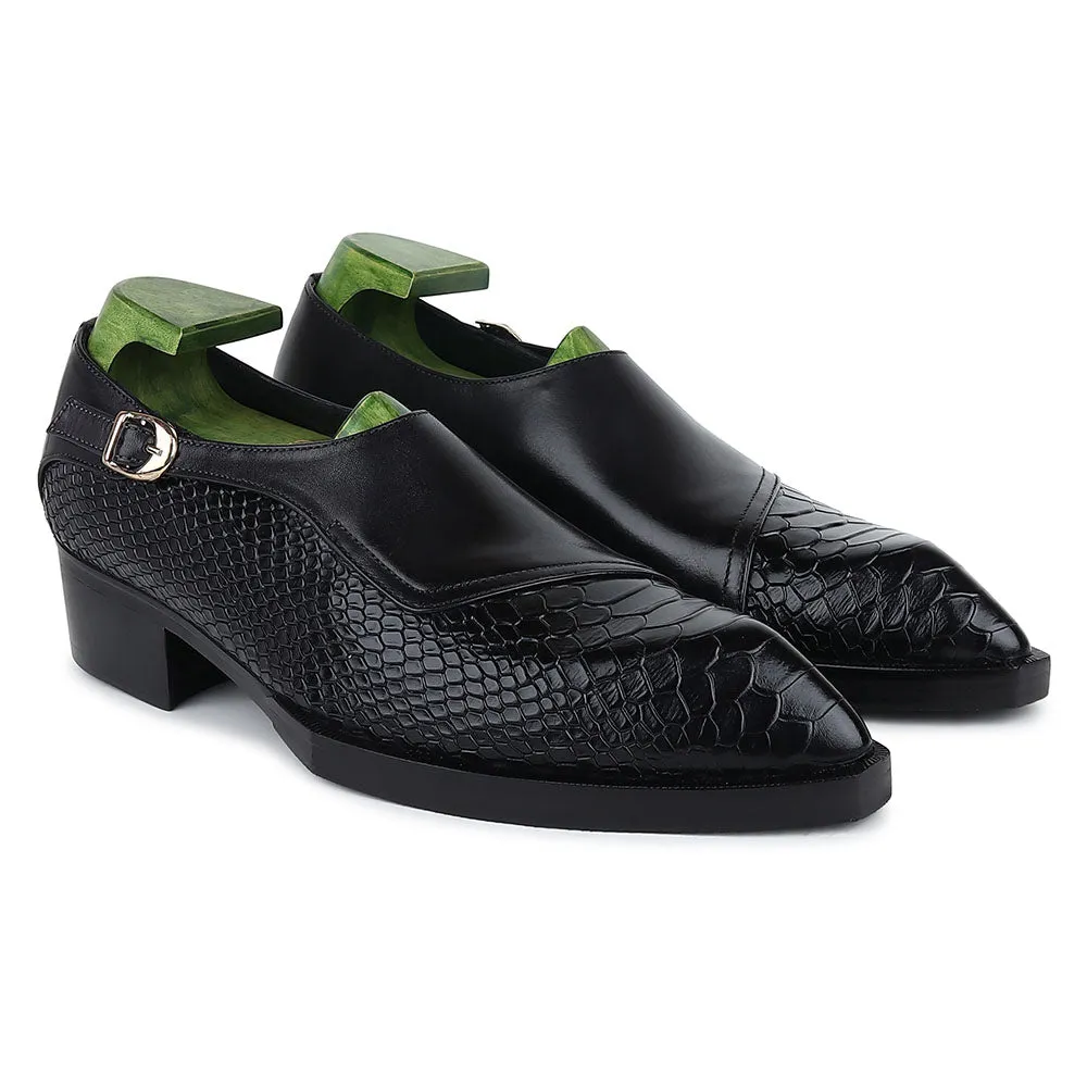 Black Mirror Glossed Gatsby Spade Sole Single Monk With Python Detail   Cuban Heel