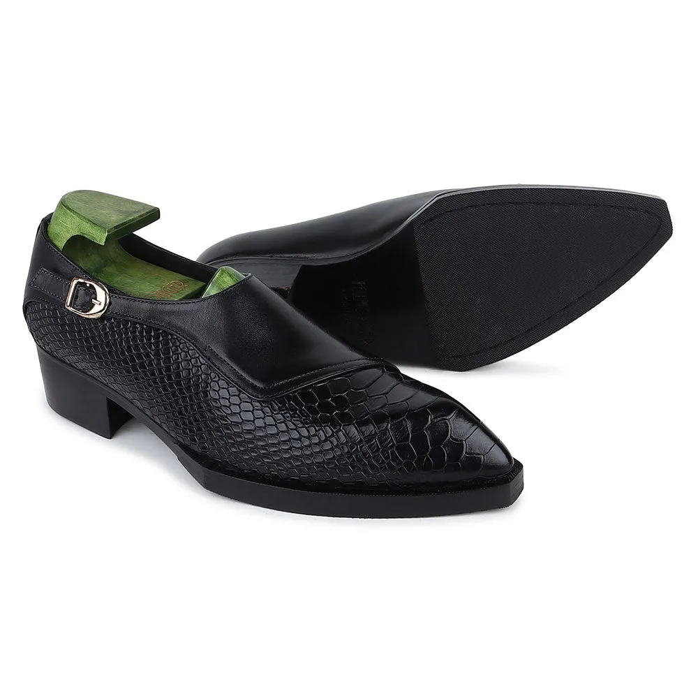 Black Mirror Glossed Gatsby Spade Sole Single Monk With Python Detail   Cuban Heel
