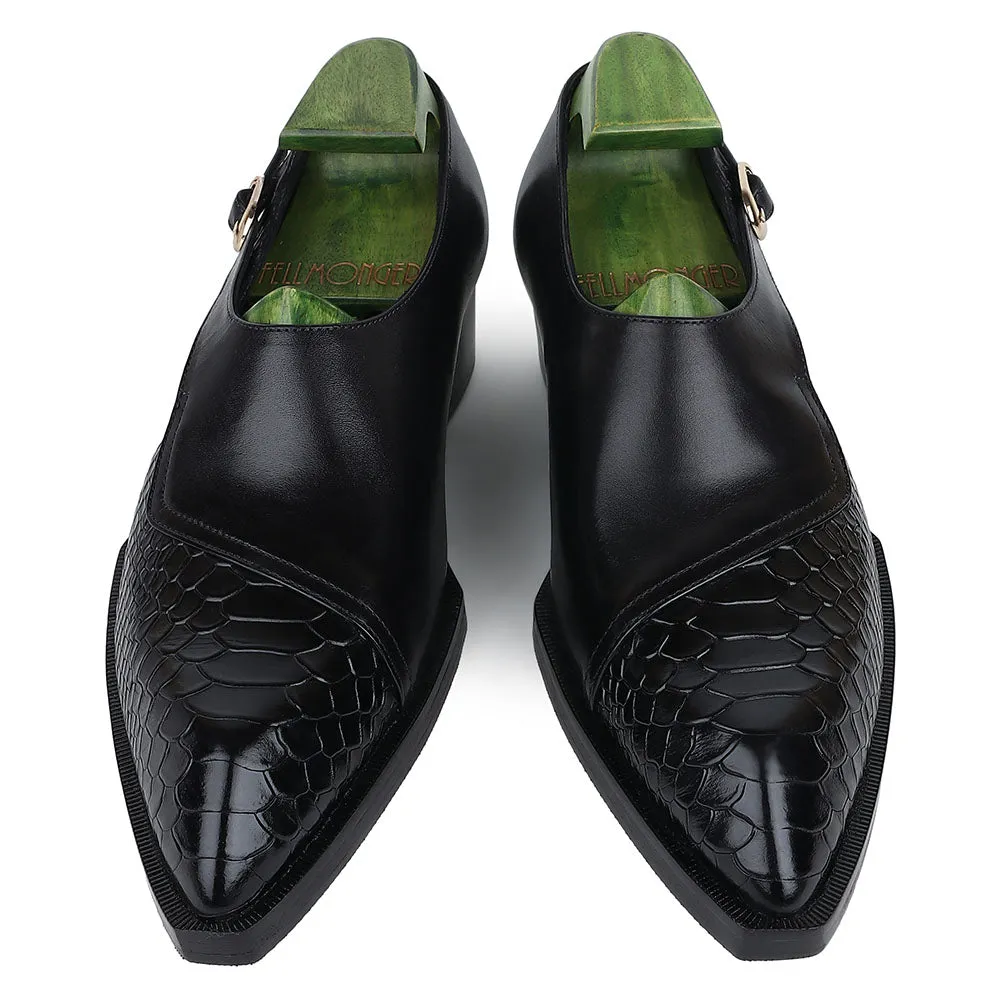 Black Mirror Glossed Gatsby Spade Sole Single Monk With Python Detail   Cuban Heel