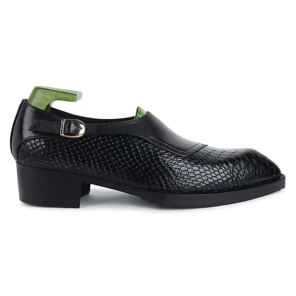 Black Mirror Glossed Gatsby Spade Sole Single Monk With Python Detail   Cuban Heel