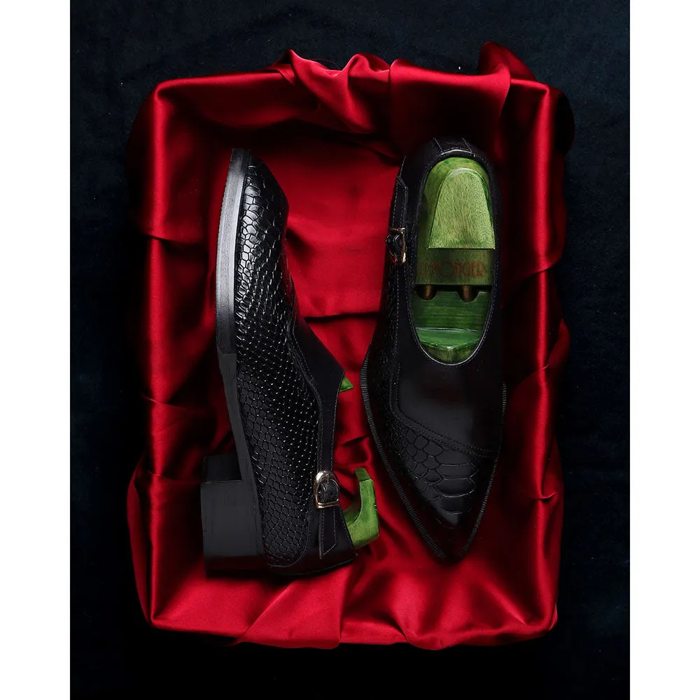 Black Mirror Glossed Gatsby Spade Sole Single Monk With Python Detail   Cuban Heel