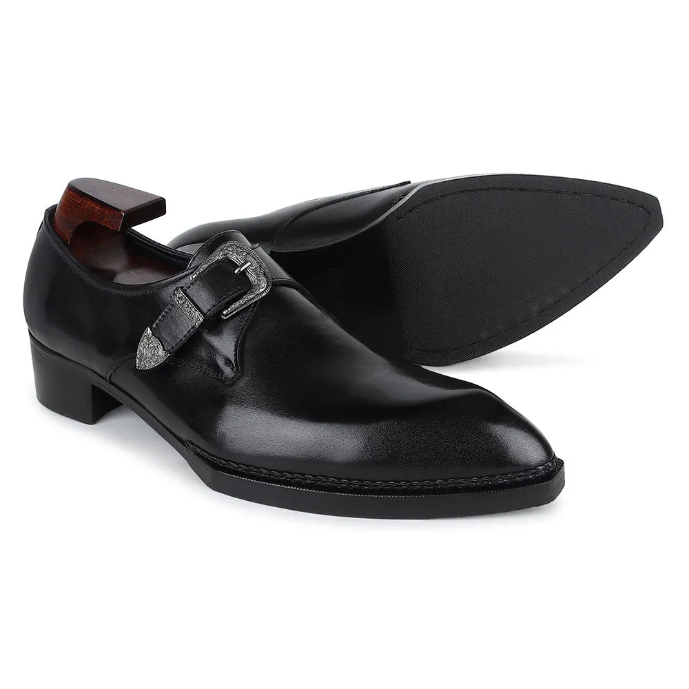 Black Mirror Glossed Norwegian Welted Gatsby Single Monk Strap   Cuban Heel