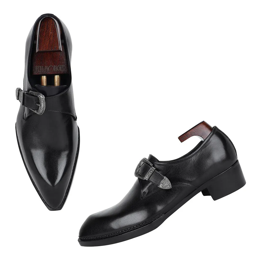 Black Mirror Glossed Norwegian Welted Gatsby Single Monk Strap   Cuban Heel