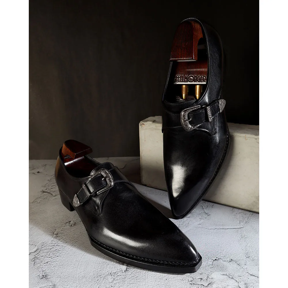 Black Mirror Glossed Norwegian Welted Gatsby Single Monk Strap   Cuban Heel