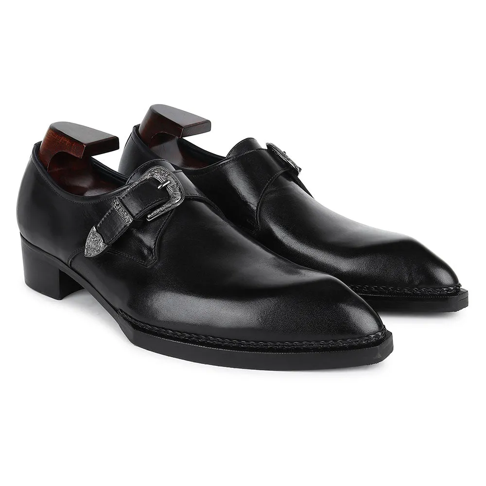 Black Mirror Glossed Norwegian Welted Gatsby Single Monk Strap   Cuban Heel