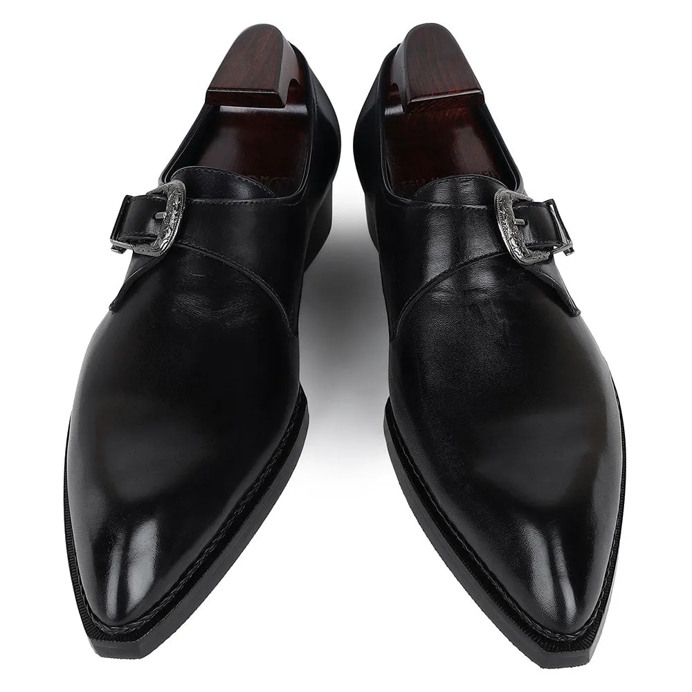 Black Mirror Glossed Norwegian Welted Gatsby Single Monk Strap   Cuban Heel