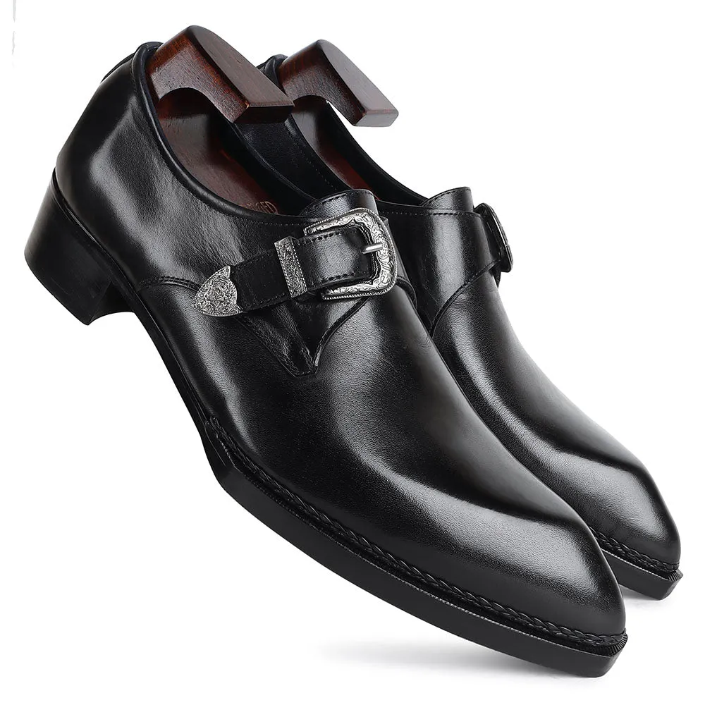 Black Mirror Glossed Norwegian Welted Gatsby Single Monk Strap   Cuban Heel