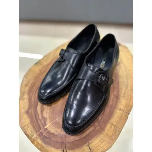 Black Mirror Glossed Single Monk Straps With Braided Detail