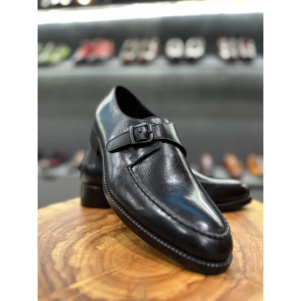 Black Mirror Glossed Single Monk Straps With Braided Detail