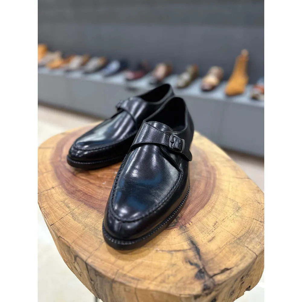 Black Mirror Glossed Single Monk Straps With Braided Detail