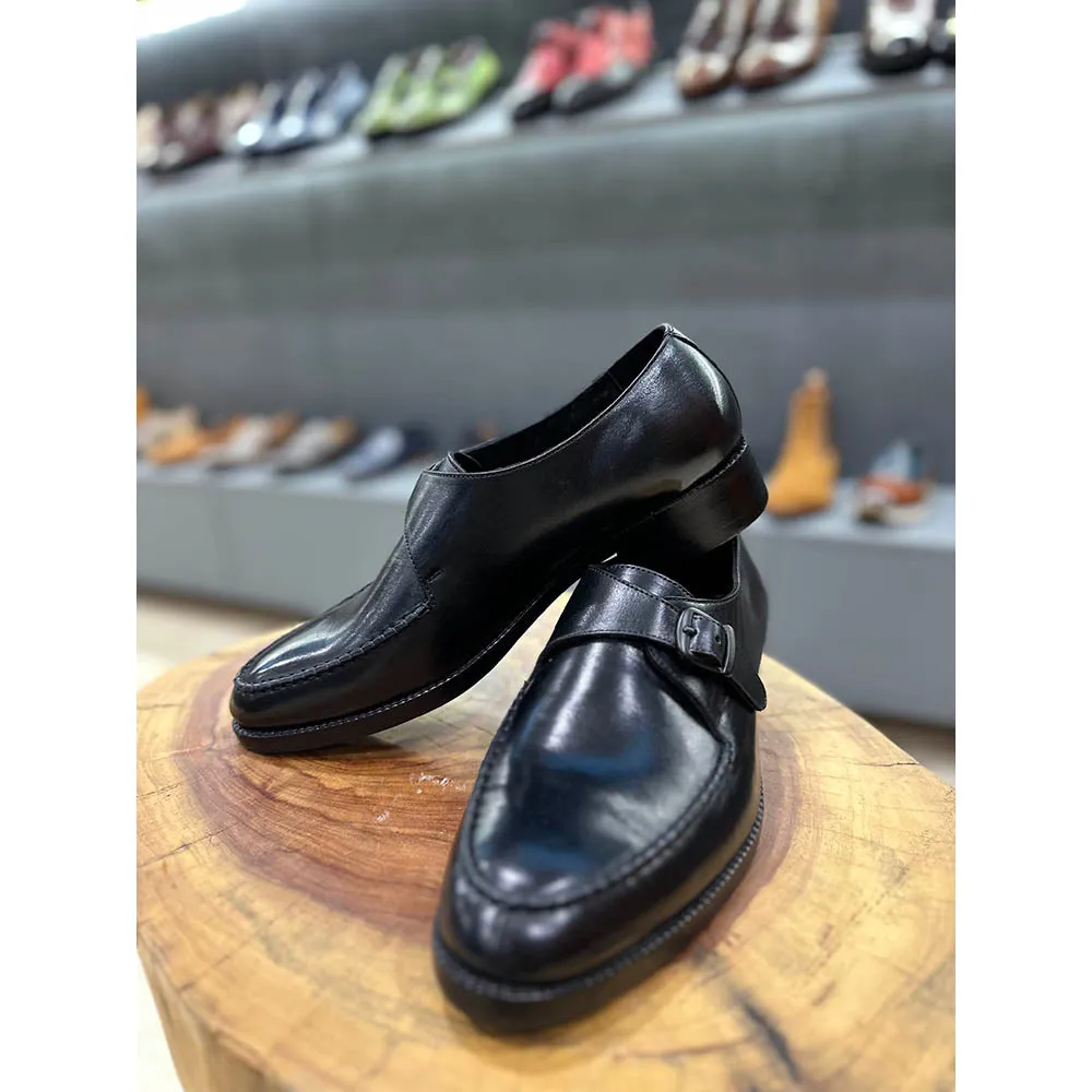 Black Mirror Glossed Single Monk Straps With Braided Detail
